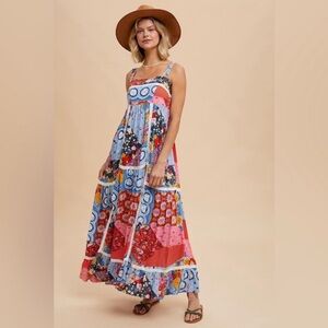 In Loom Patchwork Tiled Print Bohemian Maxi Dress NWOT